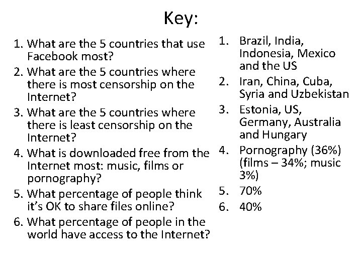 Key: 1. What are the 5 countries that use Facebook most? 2. What are