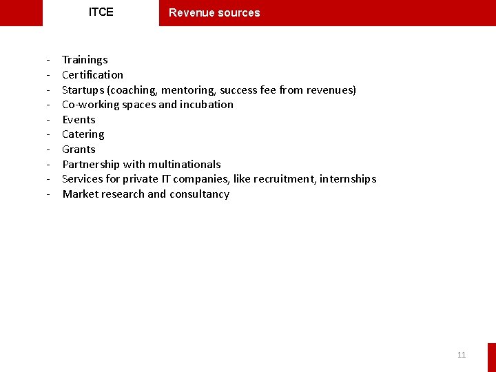 ITCE - Revenue sources Trainings Certification Startups (coaching, mentoring, success fee from revenues) Co-working ITCE - Revenue sources Trainings Certification Startups (coaching, mentoring, success fee from revenues) Co-working