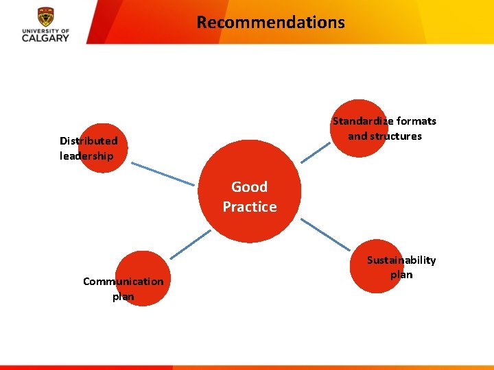 Recommendations Standardize formats and structures Distributed leadership Good Practice Communication plan Sustainability plan 