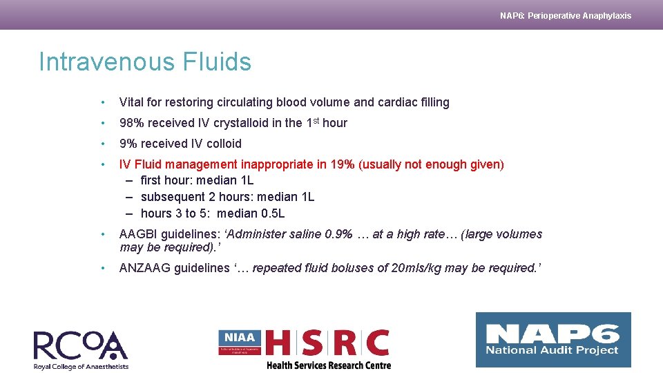 NAP 6: Perioperative Anaphylaxis Intravenous Fluids • Vital for restoring circulating blood volume and
