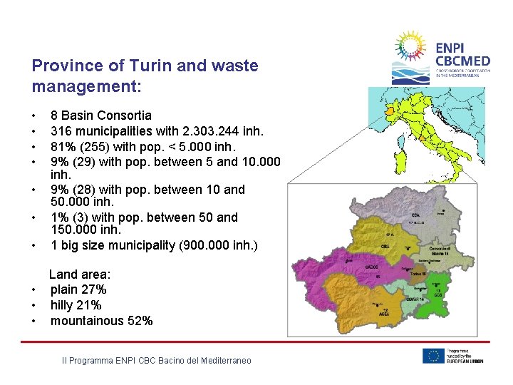 Province of Turin and waste management: • • • 8 Basin Consortia 316 municipalities