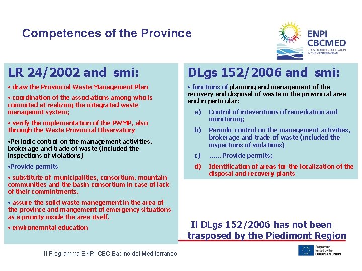 Competences of the Province LR 24/2002 and smi: DLgs 152/2006 and smi: • draw