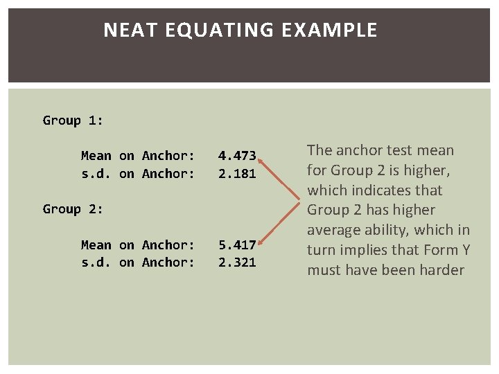 NEAT EQUATING EXAMPLE Group 1: Mean on Anchor: 4. 473 s. d. on Anchor: