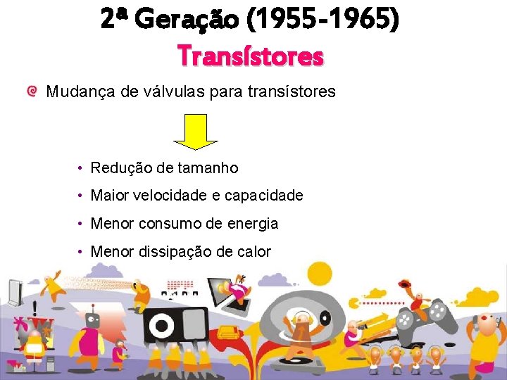 2ª Geração (1955 -1965) Transístores Mudança de válvulas para transístores • Redução de tamanho