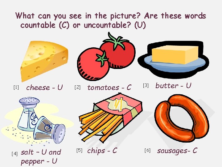 What can you see in the picture? Are these words countable (C) or uncountable?