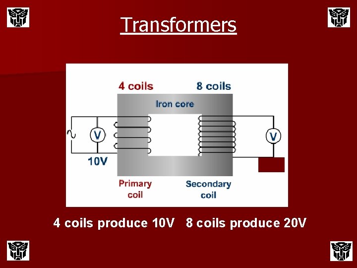 Transformers 4 coils produce 10 V 8 coils produce 20 V 
