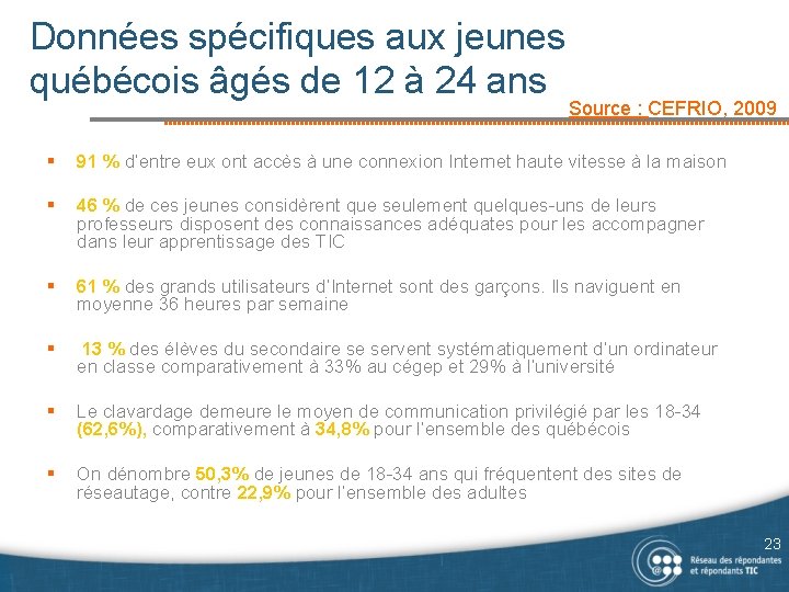 Données spécifiques aux jeunes québécois âgés de 12 à 24 ans Source : CEFRIO,