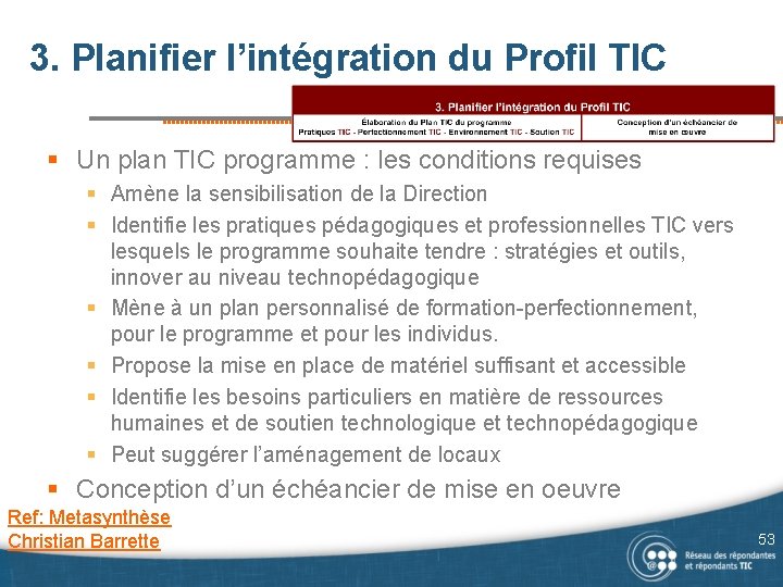 3. Planifier l’intégration du Profil TIC § Un plan TIC programme : les conditions