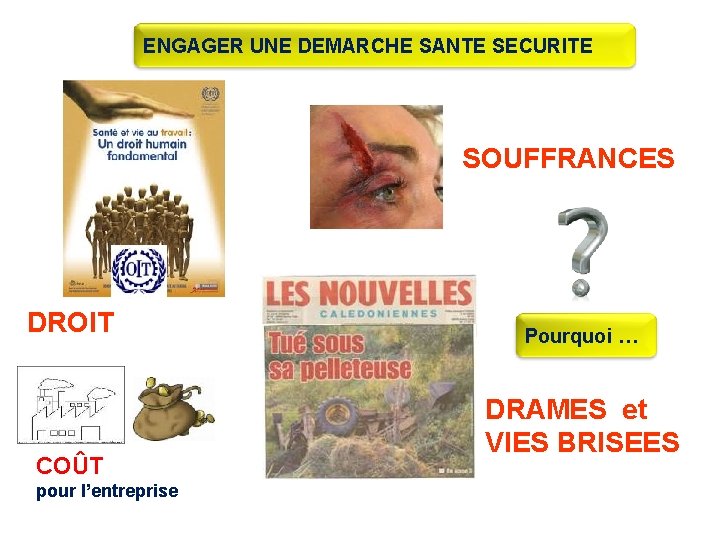 ENGAGER UNE DEMARCHE SANTE SECURITE SOUFFRANCES DROIT COÛT pour l’entreprise Pourquoi … DRAMES et