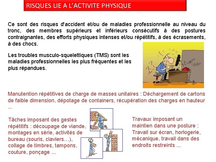 RISQUES LIE A L’ACTIVITE PHYSIQUE Ce sont des risques d'accident et/ou de maladies professionnelle