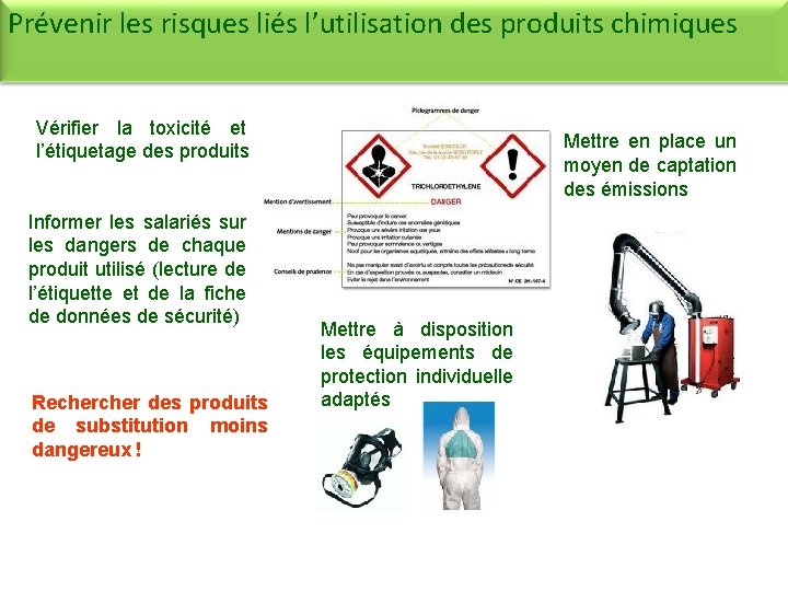 Prévenir les risques liés l’utilisation des produits chimiques Vérifier la toxicité et l’étiquetage des