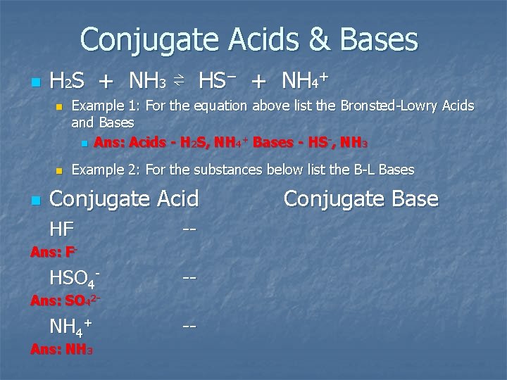Conjugate Acids & Bases n H 2 S + NH 3 ⇌ HS− +