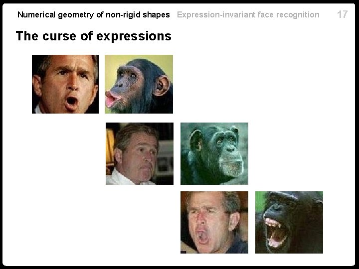 Numerical geometry of non-rigid shapes Expression-invariant face recognition The curse of expressions 17 