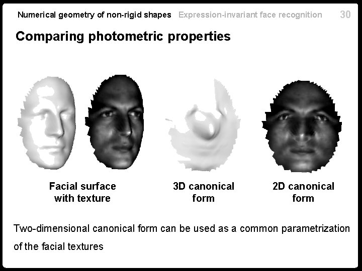 Numerical geometry of non-rigid shapes Expression-invariant face recognition 30 Comparing photometric properties Facial surface