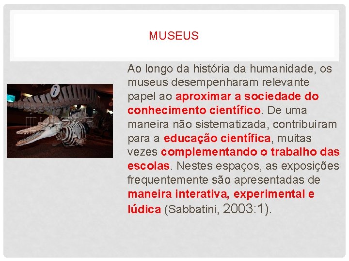 MUSEUS Ao longo da história da humanidade, os museus desempenharam relevante papel ao aproximar