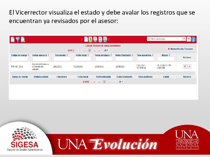 El Vicerrector visualiza el estado y debe avalar los registros que se encuentran ya