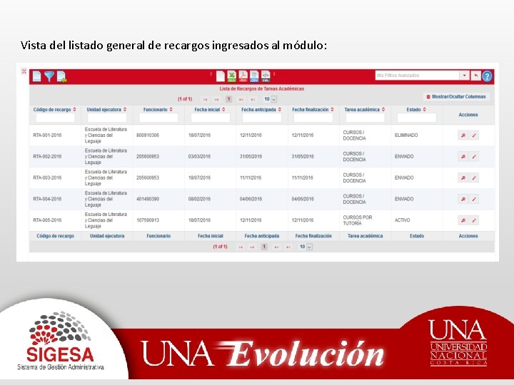 Vista del listado general de recargos ingresados al módulo: 