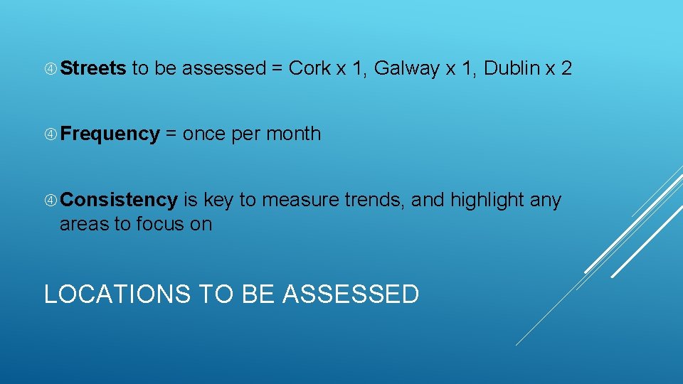  Streets to be assessed = Cork x 1, Galway x 1, Dublin x