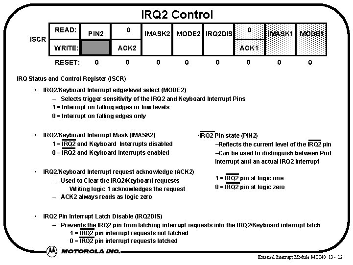 IRQ 2 Control READ: ISCR WRITE: RESET: 0 PIN 2 ACK 2 0 0