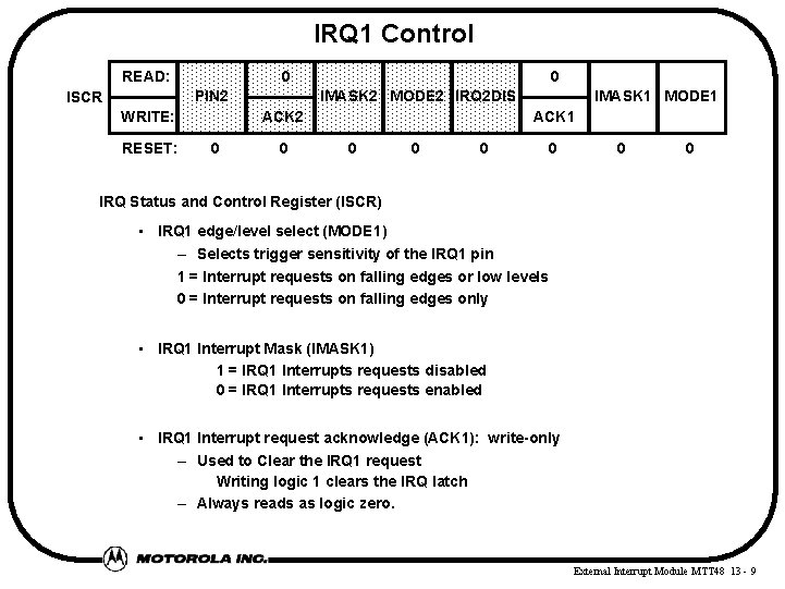 IRQ 1 Control READ: 0 PIN 2 ISCR WRITE: RESET: 0 IMASK 2 MODE