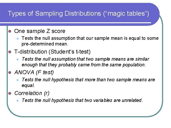 Types of Sampling Distributions (“magic tables”) l One sample Z score l l T-distribution