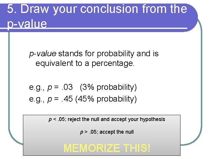 5. Draw your conclusion from the p-value stands for probability and is equivalent to
