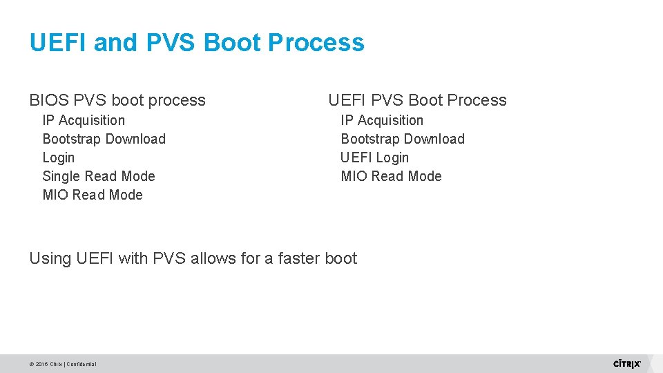 UEFI and PVS Boot Process BIOS PVS boot process IP Acquisition Bootstrap Download Login UEFI and PVS Boot Process BIOS PVS boot process IP Acquisition Bootstrap Download Login