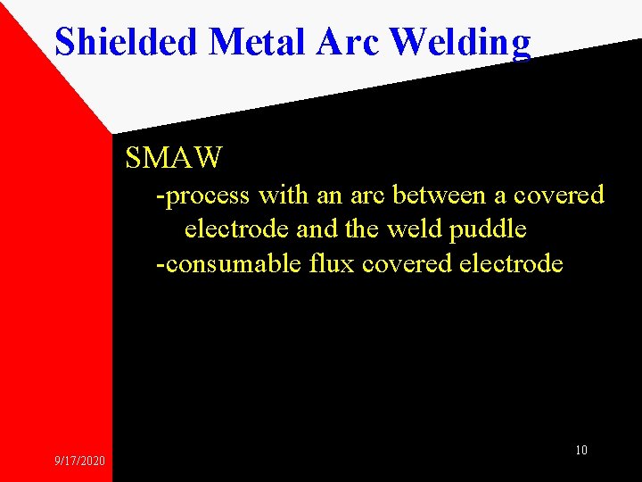 Shielded Metal Arc Welding SMAW -process with an arc between a covered electrode and