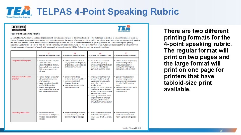 TELPAS 4 -Point Speaking Rubric There are two different printing formats for the 4