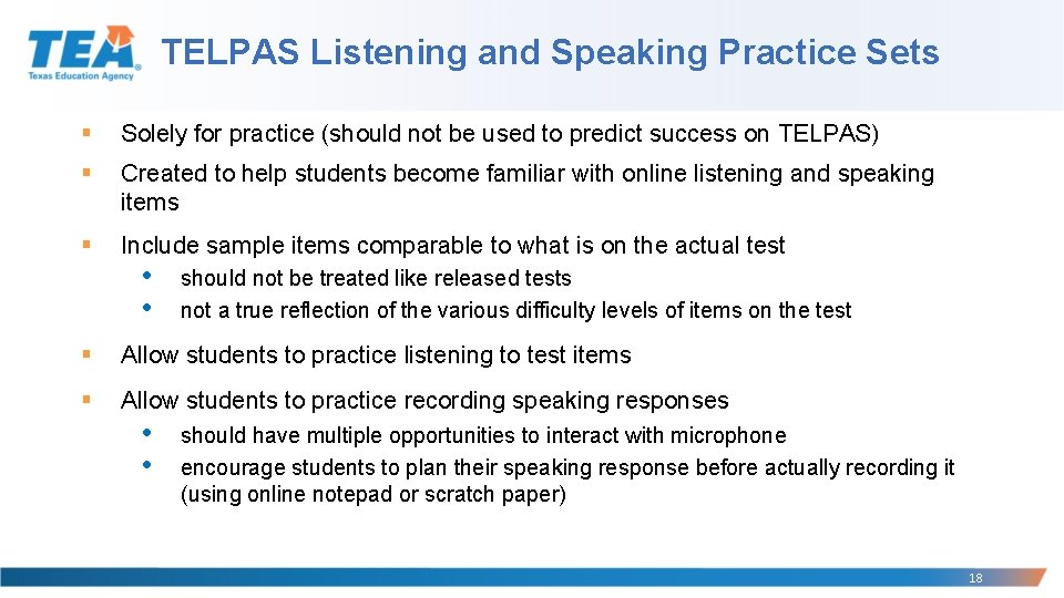 TELPAS Listening and Speaking Practice Sets § Solely for practice (should not be used