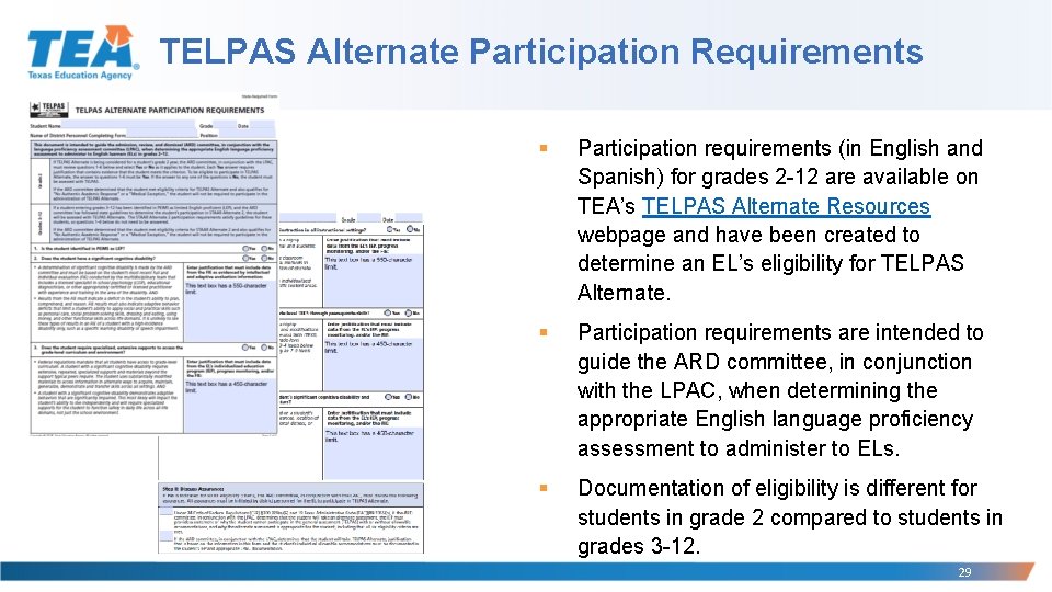 TELPAS Alternate Participation Requirements § Participation requirements (in English and Spanish) for grades 2