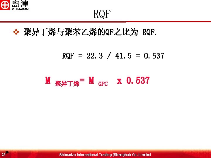 RQF v 聚异丁烯与聚苯乙烯的QF之比为 RQF = 22. 3 / 41. 5 = 0. 537 M