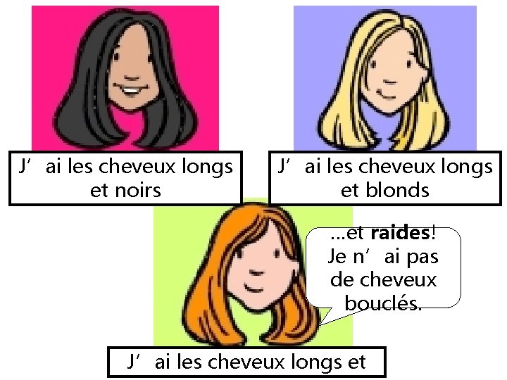 J’ai les cheveux longs et noirs J’ai les cheveux longs et blonds …et raides!