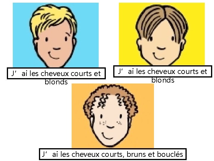 J’ai les cheveux courts et blonds J’ai les cheveux courts, bruns et bouclés 