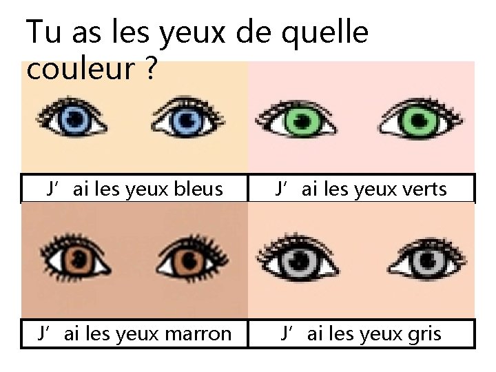 Tu as les yeux de quelle couleur ? J’ai les yeux bleus J’ai les