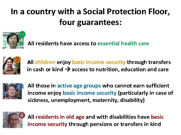 In a country with a Social Protection Floor, four guarantees: All residents have access