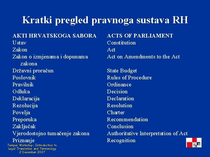 Kratki pregled pravnoga sustava RH AKTI HRVATSKOGA SABORA Ustav Zakon o izmjenama i dopunama