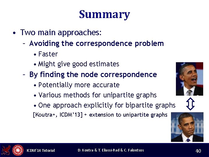 Summary • Two main approaches: – Avoiding the correspondence problem • Faster • Might
