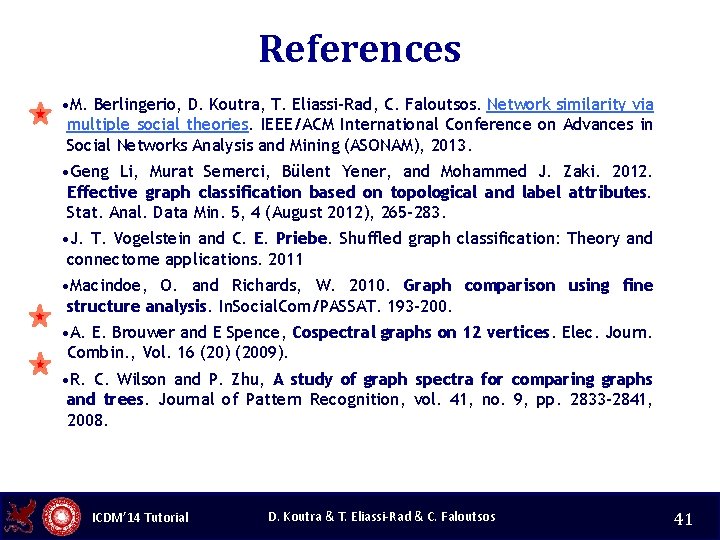 References • M. Berlingerio, D. Koutra, T. Eliassi-Rad, C. Faloutsos. Network similarity via multiple