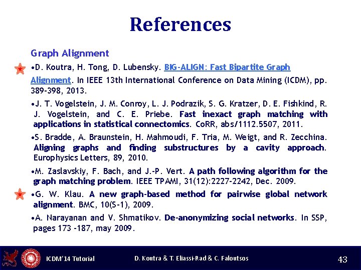 References Graph Alignment • D. Koutra, H. Tong, D. Lubensky. BIG-ALIGN: Fast Bipartite Graph