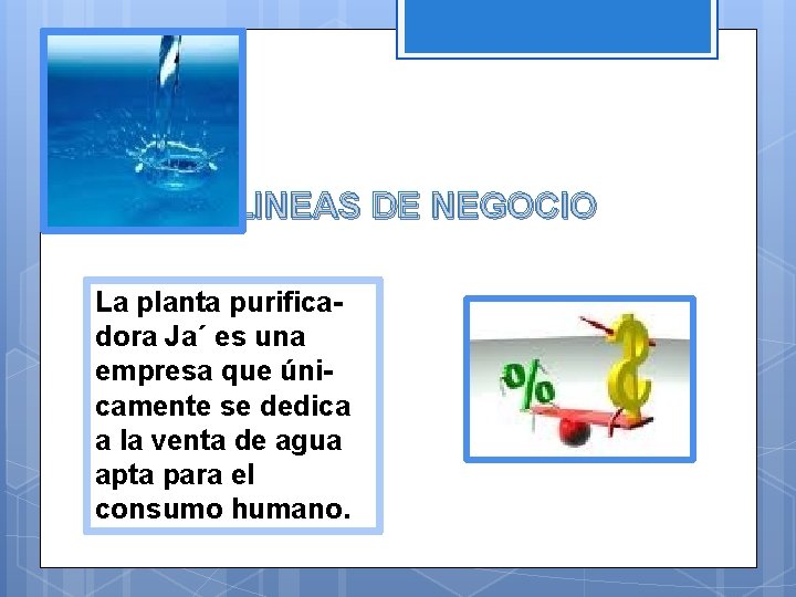 LINEAS DE NEGOCIO La planta purificadora Ja´ es una empresa que únicamente se dedica