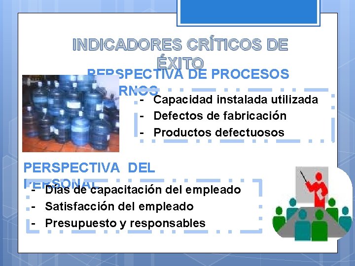 INDICADORES CRÍTICOS DE ÉXITO PERSPECTIVA DE PROCESOS INTERNOS - Capacidad instalada utilizada - Defectos