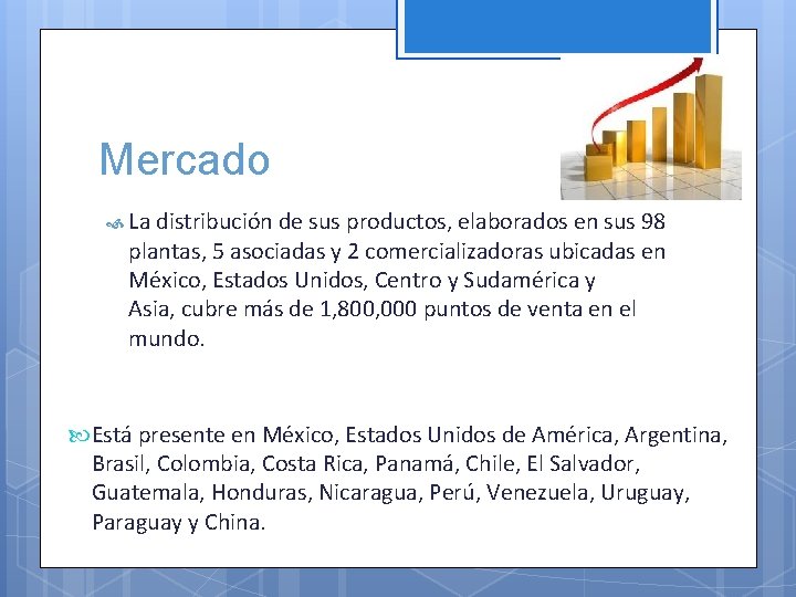 Mercado La distribución de sus productos, elaborados en sus 98 plantas, 5 asociadas y