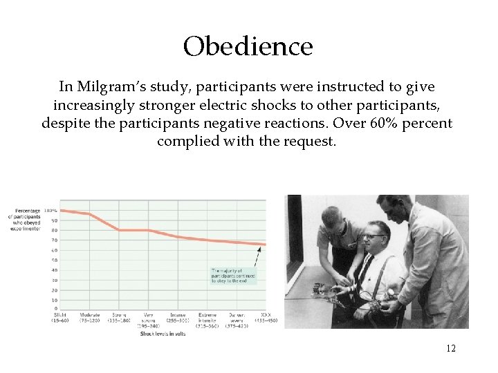 Obedience In Milgram’s study, participants were instructed to give increasingly stronger electric shocks to