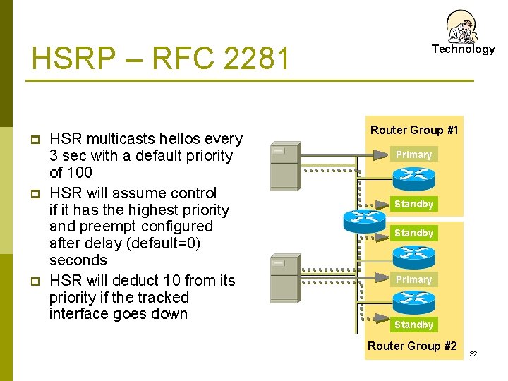 HSRP – RFC 2281 p p p HSR multicasts hellos every 3 sec with