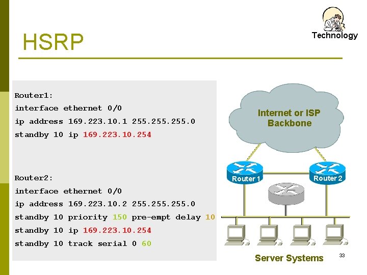 HSRP Technology Router 1: interface ethernet 0/0 ip address 169. 223. 10. 1 255.