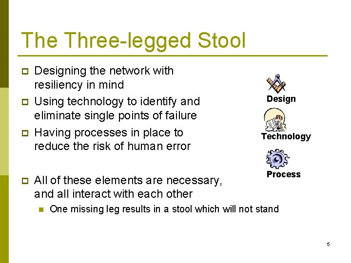The Three-legged Stool p p Designing the network with resiliency in mind Using technology
