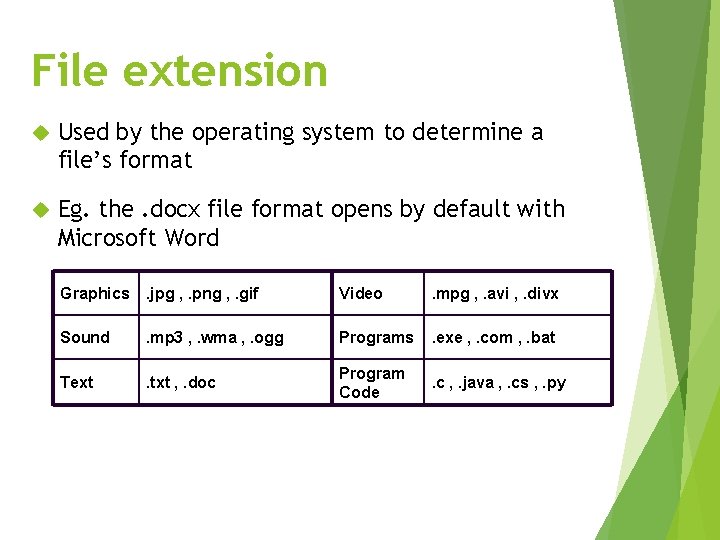 File extension Used by the operating system to determine a file’s format Eg. the.