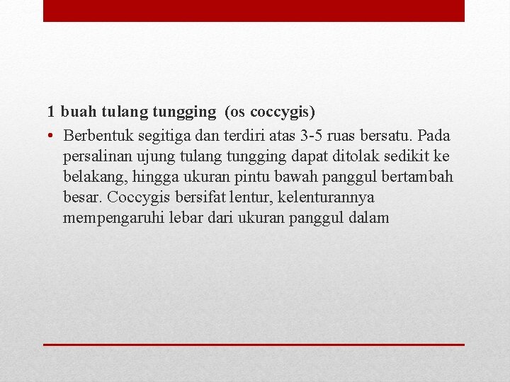 1 buah tulang tungging (os coccygis) • Berbentuk segitiga dan terdiri atas 3 -5 1 buah tulang tungging (os coccygis) • Berbentuk segitiga dan terdiri atas 3 -5