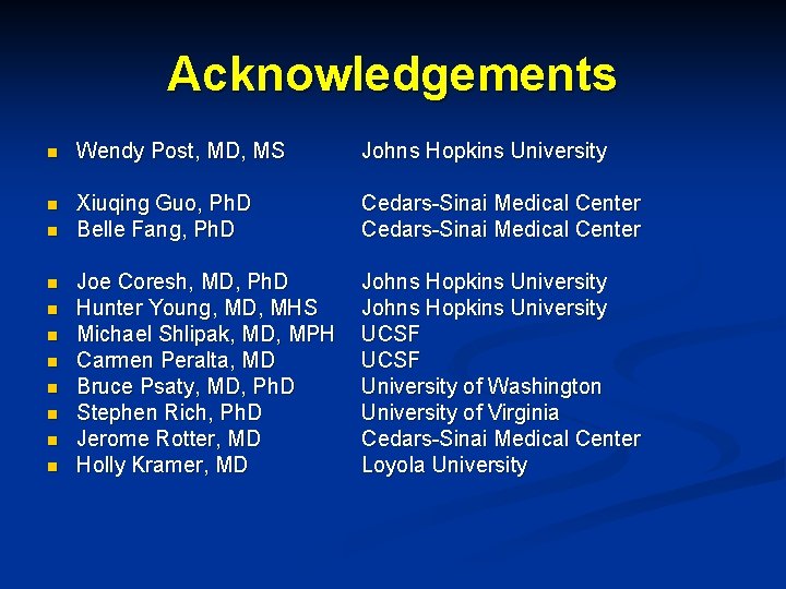 Acknowledgements n Wendy Post, MD, MS Johns Hopkins University n Xiuqing Guo, Ph. D